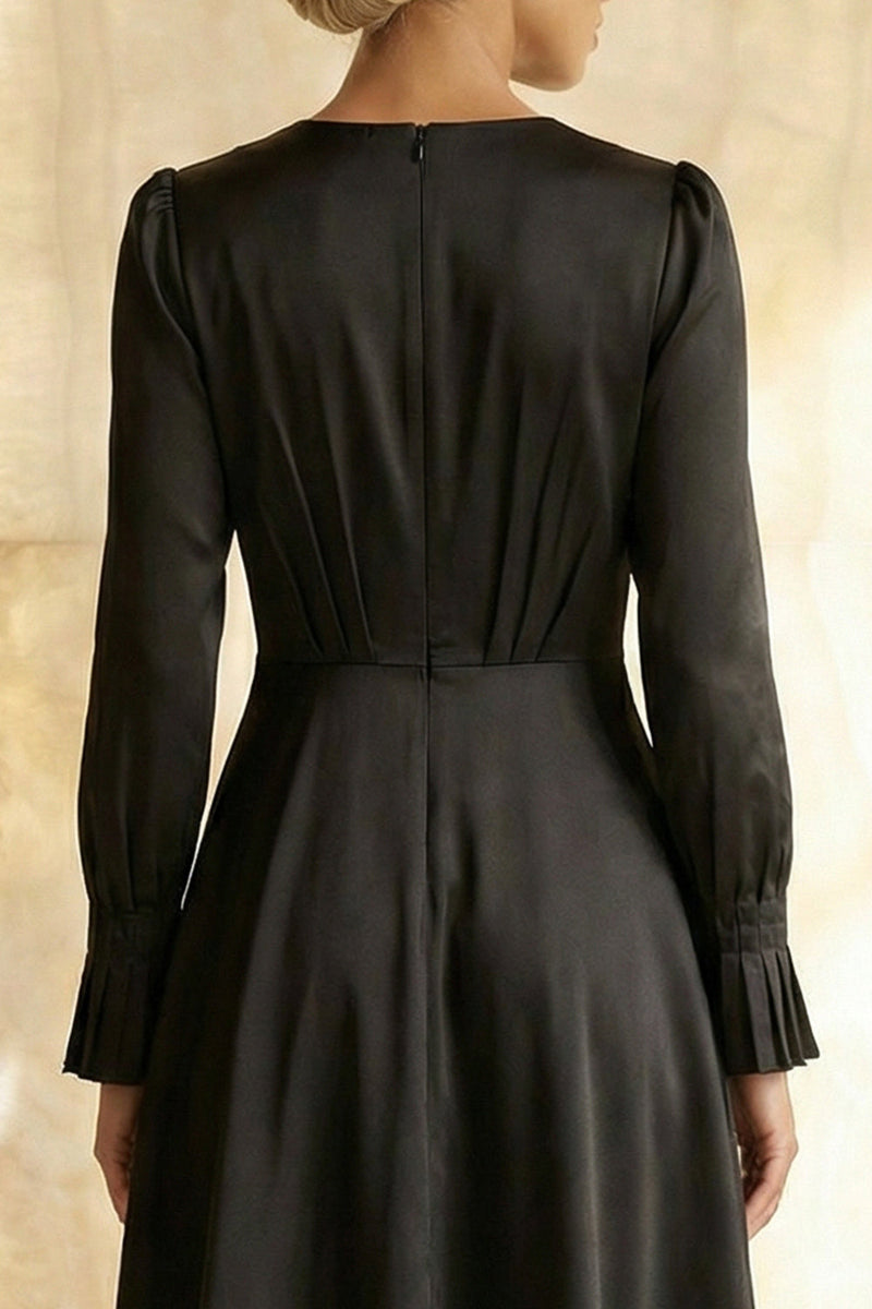 Load image into Gallery viewer, Modest Black Round Neck Satin A Line Midi Formal Dress with Sleeves