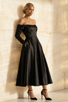 Load image into Gallery viewer, Black Off the Shoulder A Line Satin Long Formal Dress with Sleeves