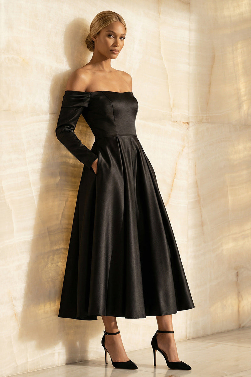 Load image into Gallery viewer, Black Off the Shoulder A Line Satin Long Formal Dress with Sleeves