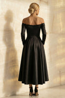 Load image into Gallery viewer, Black Off the Shoulder A Line Satin Long Formal Dress with Sleeves