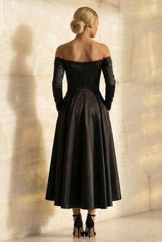 Black Off the Shoulder A Line Satin Long Formal Dress with Sleeves