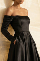 Load image into Gallery viewer, Black Off the Shoulder A Line Satin Long Formal Dress with Sleeves
