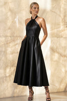 Load image into Gallery viewer, Black Satin Halter Ruched A Line Long Formal Dress