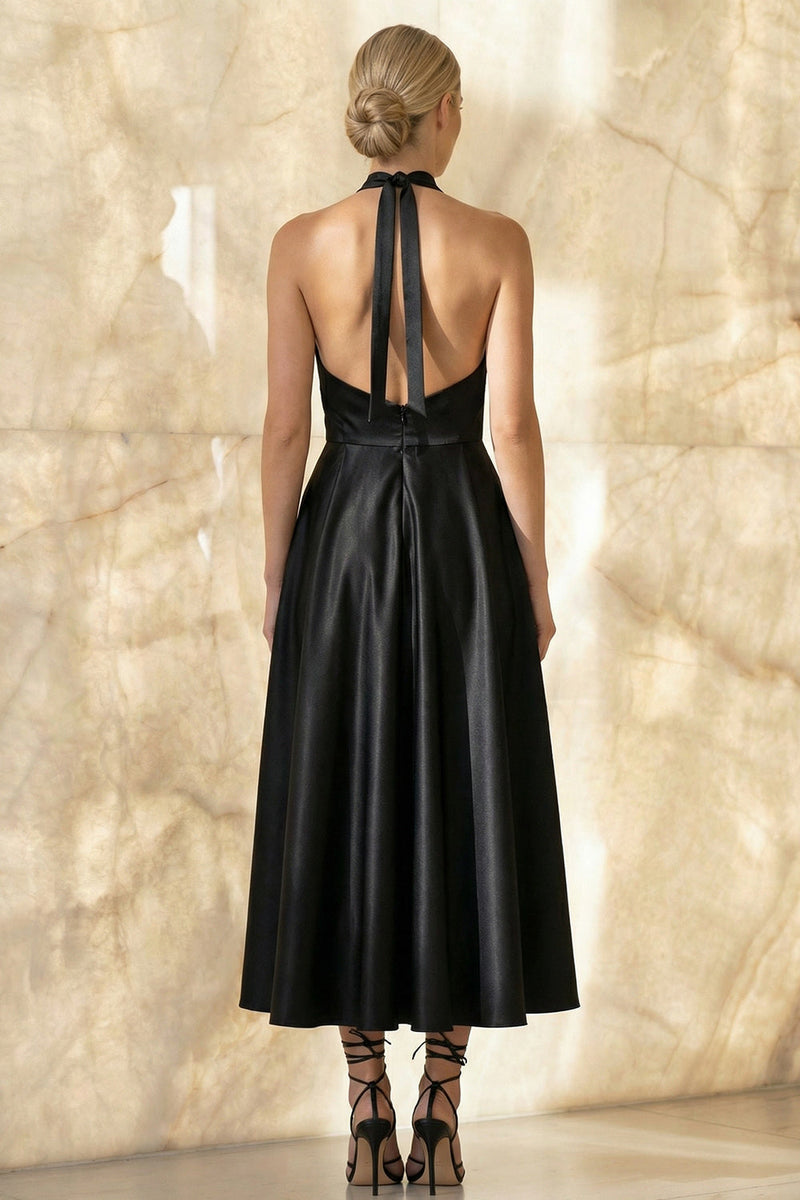 Load image into Gallery viewer, Black Satin Halter Ruched A Line Long Formal Dress