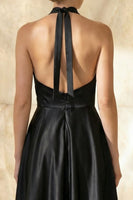 Load image into Gallery viewer, Black Satin Halter Ruched A Line Long Formal Dress