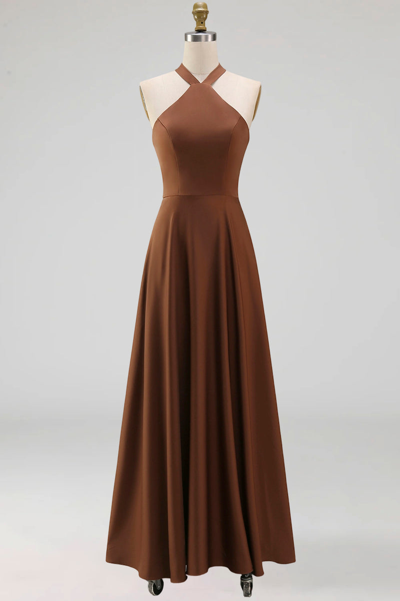 Load image into Gallery viewer, Chocolate Halter Ruched A Line Long Formal Dress