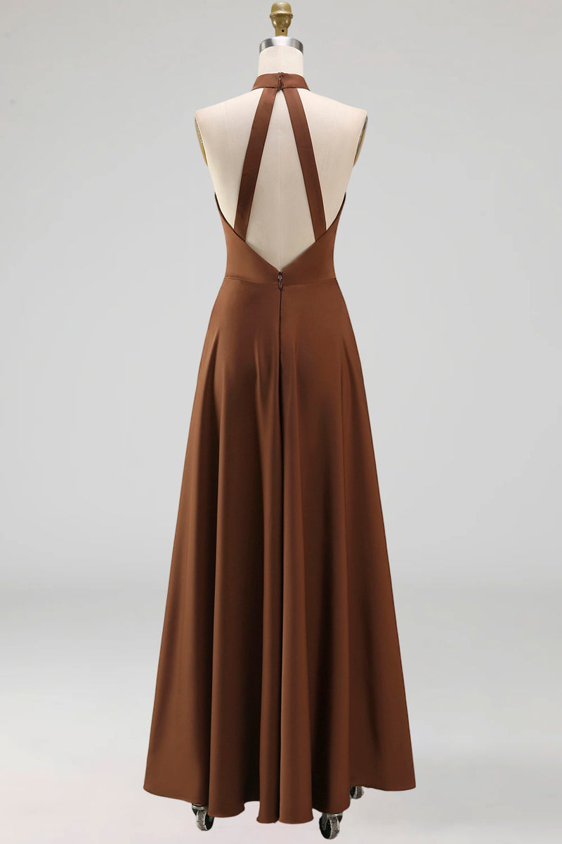 Load image into Gallery viewer, Chocolate Halter Ruched A Line Long Formal Dress