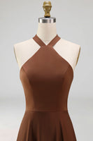 Load image into Gallery viewer, Chocolate Halter Ruched A Line Long Formal Dress