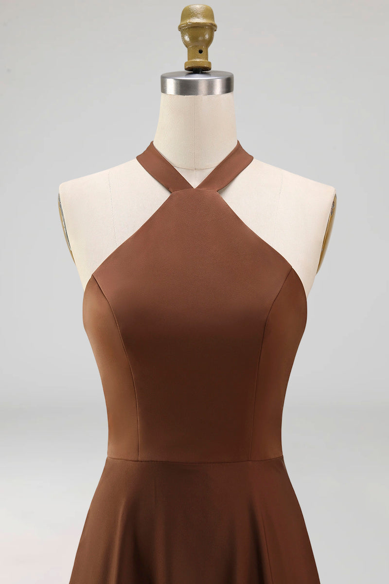 Load image into Gallery viewer, Chocolate Halter Ruched A Line Long Formal Dress