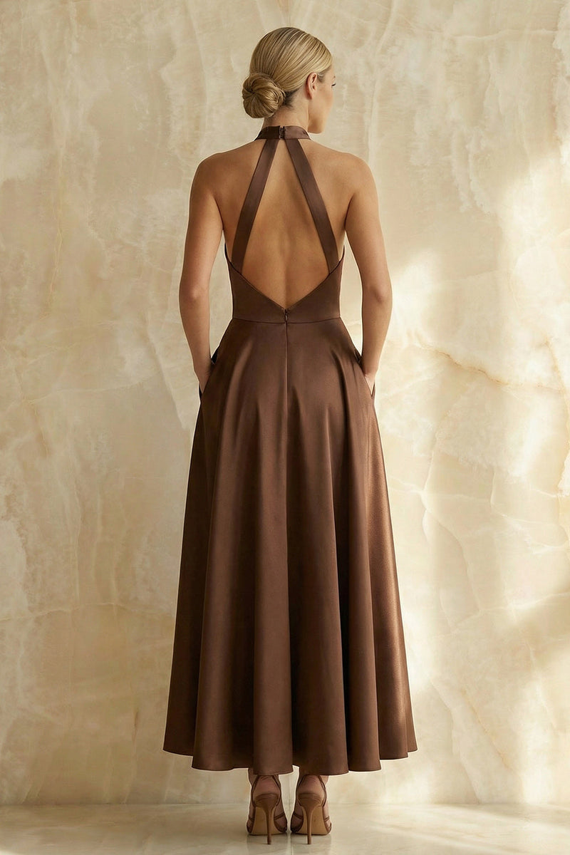 Load image into Gallery viewer, Chocolate Halter Ruched A Line Long Formal Dress
