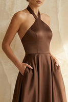 Load image into Gallery viewer, Chocolate Halter Ruched A Line Long Formal Dress