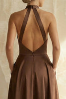 Load image into Gallery viewer, Chocolate Halter Ruched A Line Long Formal Dress