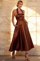 Load image into Gallery viewer, Chocolate Satin A Line Halter Ankle Length Formal Dress