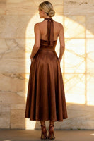 Load image into Gallery viewer, Chocolate Satin A Line Halter Ankle Length Formal Dress