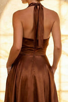 Load image into Gallery viewer, Chocolate Satin A Line Halter Ankle Length Formal Dress