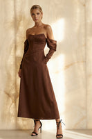 Load image into Gallery viewer, Chocolate Off the Shoulder Satin A Line Long Corset Formal Dress