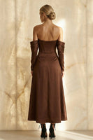 Load image into Gallery viewer, Chocolate Off the Shoulder Satin A Line Long Corset Formal Dress
