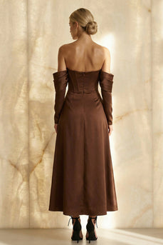 Chocolate Off the Shoulder Satin A Line Long Corset Formal Dress