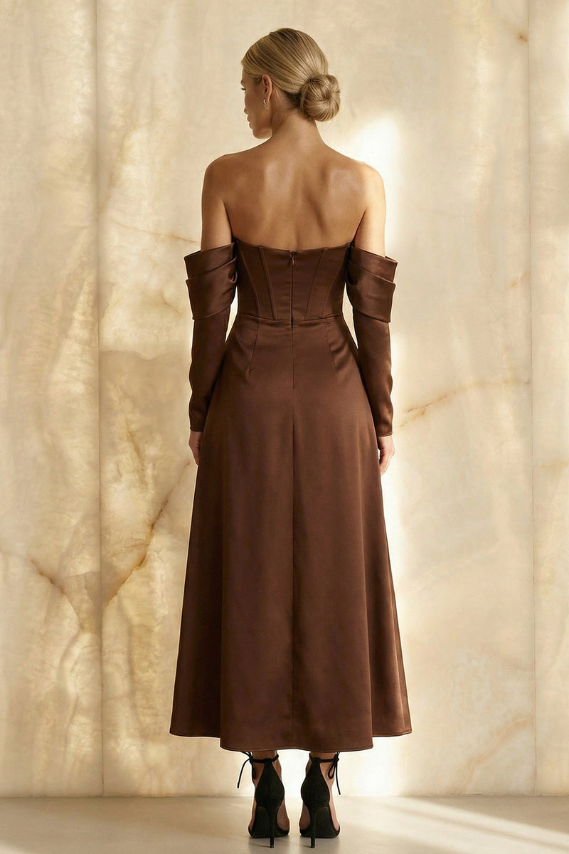 Load image into Gallery viewer, Chocolate Off the Shoulder Satin A Line Long Corset Formal Dress