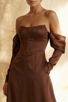 Load image into Gallery viewer, Chocolate Off the Shoulder Satin A Line Long Corset Formal Dress