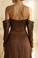 Load image into Gallery viewer, Chocolate Off the Shoulder Satin A Line Long Corset Formal Dress