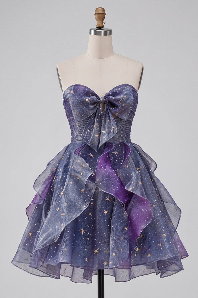 Load image into Gallery viewer, Sweetheart Dusty Blue A Line Ruffled Pleated Short Prom Dress with Bow