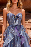 Load image into Gallery viewer, Sweetheart Dusty Blue A Line Ruffled Pleated Short Prom Dress with Bow