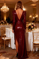 Load image into Gallery viewer, Sparkly Burgundy Sequin V Neck High-Low Sheath Prom Dress with Sleeves