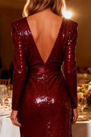 Load image into Gallery viewer, Sparkly Burgundy Sequin V Neck High-Low Sheath Prom Dress with Sleeves
