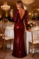 Load image into Gallery viewer, Sparkly Burgundy Sequin V Neck Long Sleeves Mermaid Prom Dress with Slit