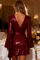 Load image into Gallery viewer, Sparkly Burgundy Sequins Bodycon Flare Sleeves Short Prom Dress with Sash