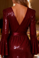 Load image into Gallery viewer, Sparkly Burgundy Sequins Bodycon Flare Sleeves Short Prom Dress with Sash