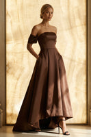 Load image into Gallery viewer, Chocolate Off the Shoulder A Line Ruched Asymmetrical Formal Dress