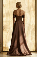 Load image into Gallery viewer, Chocolate Off the Shoulder A Line Ruched Asymmetrical Formal Dress