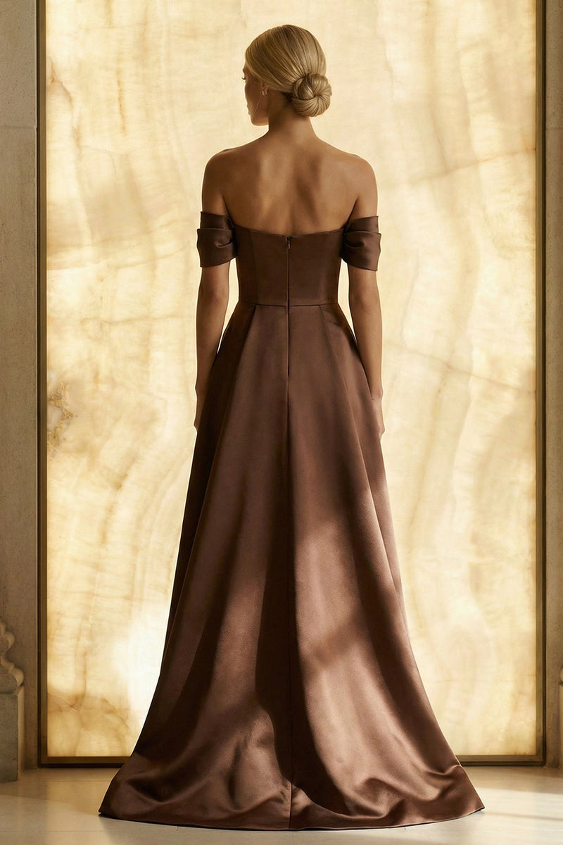 Load image into Gallery viewer, Chocolate Off the Shoulder A Line Ruched Asymmetrical Formal Dress