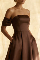 Load image into Gallery viewer, Chocolate Off the Shoulder A Line Ruched Asymmetrical Formal Dress