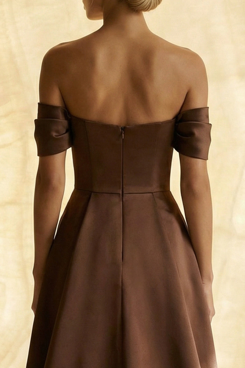 Load image into Gallery viewer, Chocolate Off the Shoulder A Line Ruched Asymmetrical Formal Dress