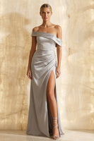 Load image into Gallery viewer, Light Grey Satin Sheath Off the Shoulder Long Formal Dress with Slit