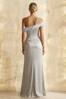 Load image into Gallery viewer, Light Grey Satin Sheath Off the Shoulder Long Formal Dress with Slit