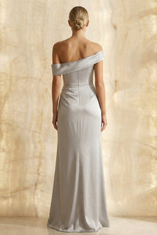 Light Grey Satin Sheath Off the Shoulder Long Formal Dress with Slit