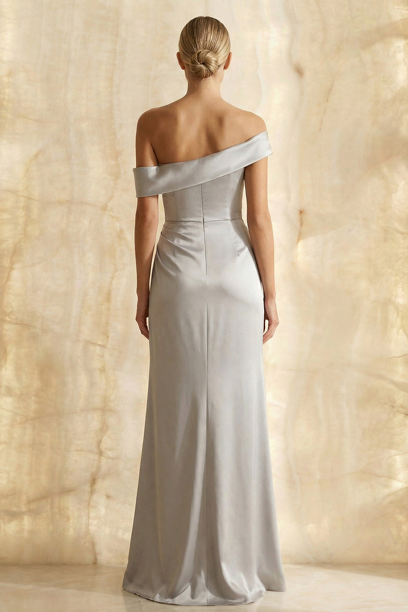 Load image into Gallery viewer, Light Grey Satin Sheath Off the Shoulder Long Formal Dress with Slit