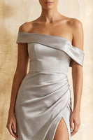 Load image into Gallery viewer, Light Grey Satin Sheath Off the Shoulder Long Formal Dress with Slit