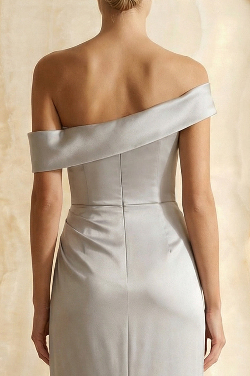 Load image into Gallery viewer, Light Grey Satin Sheath Off the Shoulder Long Formal Dress with Slit