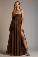 Load image into Gallery viewer, Chocolate Pleated Strapless A Line Long Formal Dress with Slit