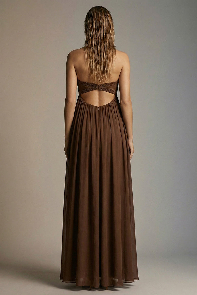 Load image into Gallery viewer, Chocolate Pleated Strapless A Line Long Formal Dress with Slit