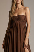 Load image into Gallery viewer, Chocolate Pleated Strapless A Line Long Formal Dress with Slit