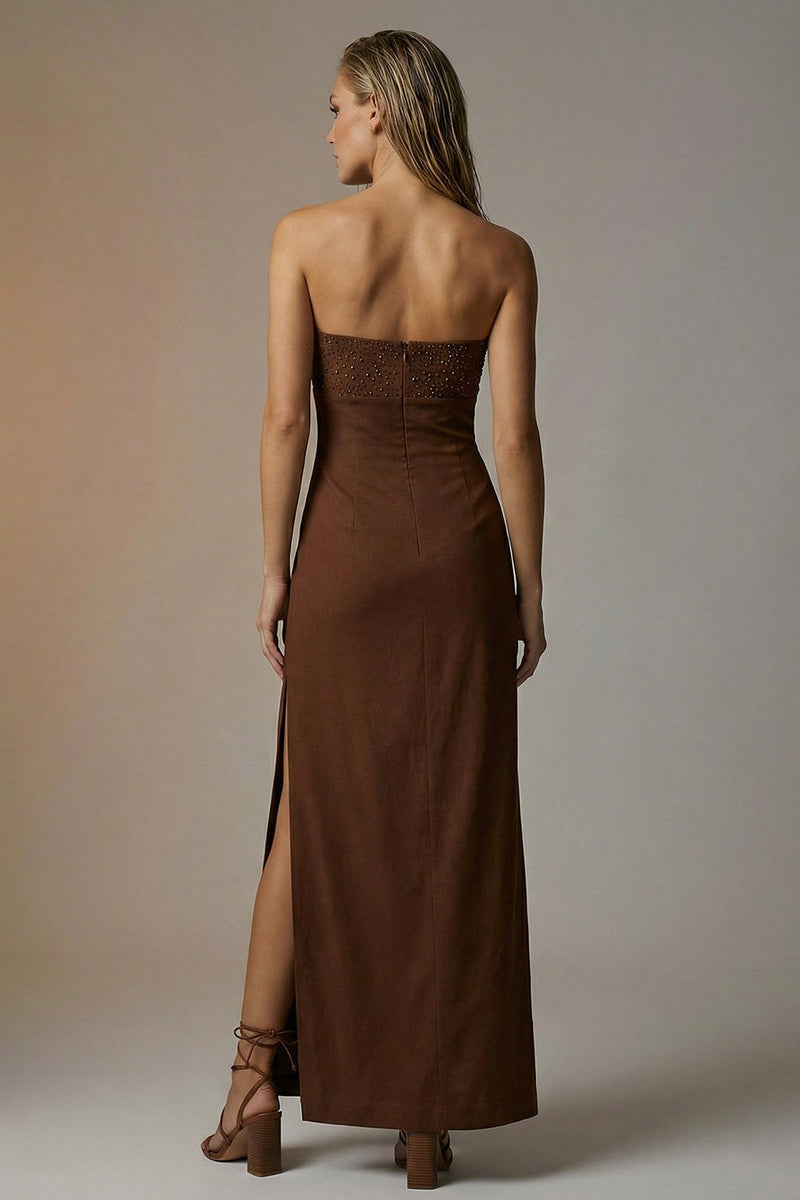 Load image into Gallery viewer, Sparkly Chocolate Sheath Strapless Long Formal Dress with Slit