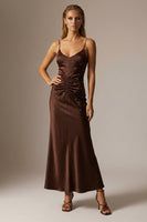 Load image into Gallery viewer, Sparkly Chocolate Ruched Sheath Spaghetti Straps Long Formal Dress