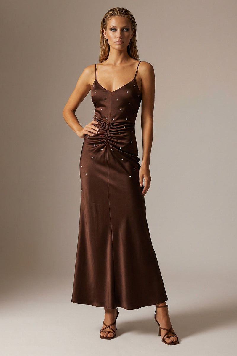 Load image into Gallery viewer, Sparkly Chocolate Ruched Sheath Spaghetti Straps Long Formal Dress