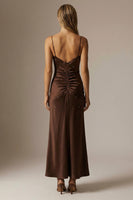 Load image into Gallery viewer, Sparkly Chocolate Ruched Sheath Spaghetti Straps Long Formal Dress